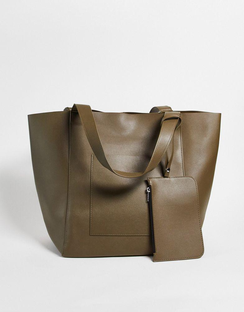 商品ASOS|ASOS DESIGN oversized tote bag in khaki faux leather with detachable wallet,价格¥220,第1张图片