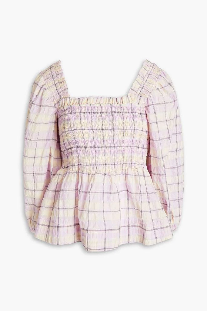 商品Ganni|Shirred checked organic cotton-blend seersucker top,价格¥728,第3张图片详细描述