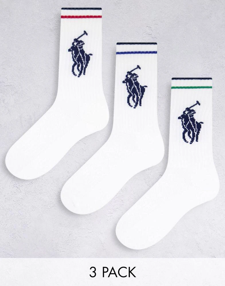 商品Ralph Lauren|Polo Ralph Lauren 3 pack sport socks in white with stripe and large pony logo,价格¥179,第1张图片