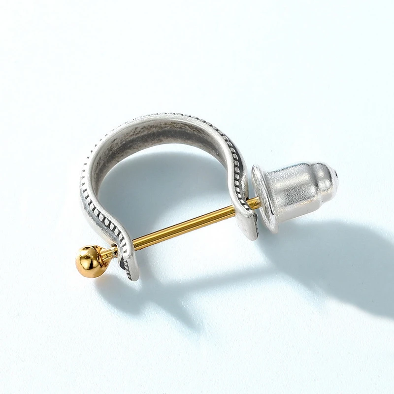 2023新款日系简约几何U型耳环女复古做旧925纯银双色耳环一件 商品