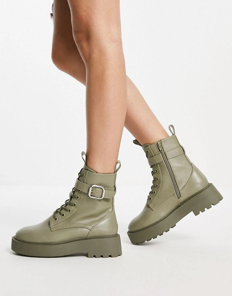 商品ASOS|ASOS DESIGN Alix chunky lace up ankle boots in khaki,价格¥212,第1张图片