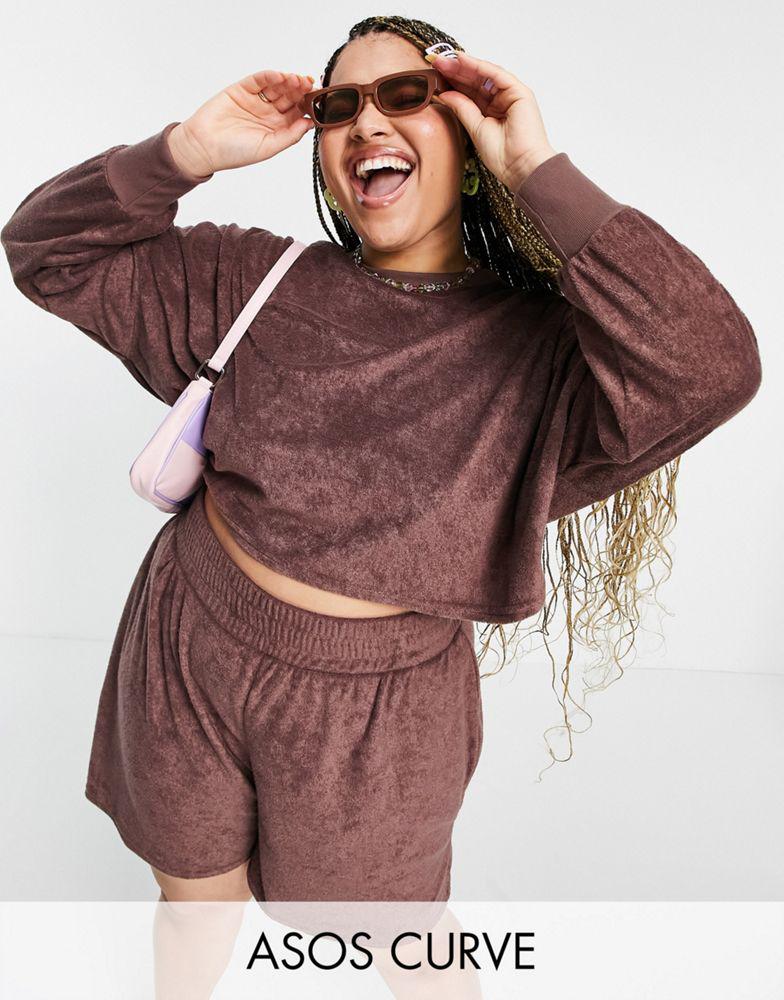 ASOS DESIGN Curve co-ord towelling oversized cropped sweat in chocolate商品第1张图片规格展示