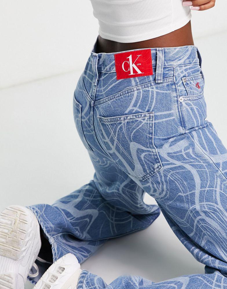 Calvin Klein Jeans CK1 swirl print high rise relaxed jean in mid wash商品第3张图片规格展示