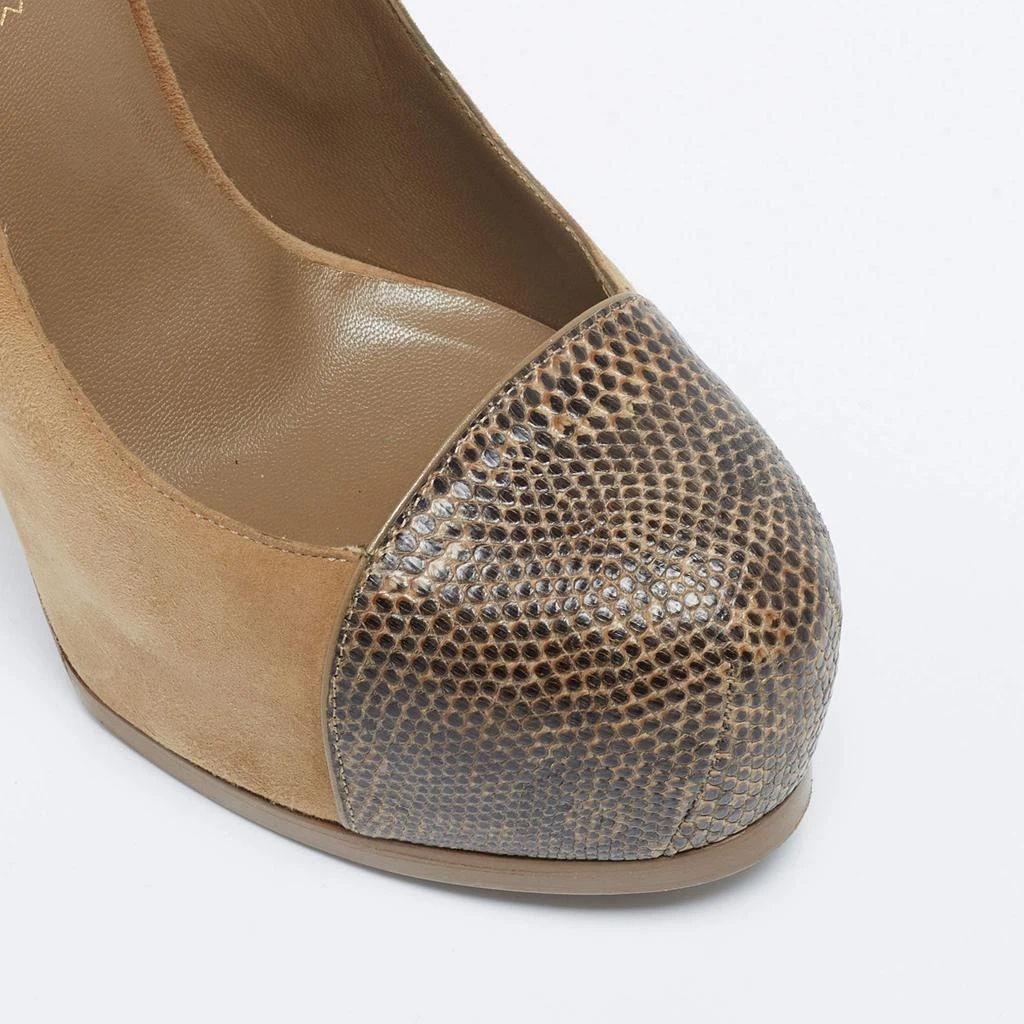 Saint Laurent Brown/Yellow Suede And Lizard Embossed Tribtoo  Pumps Size 38 商品