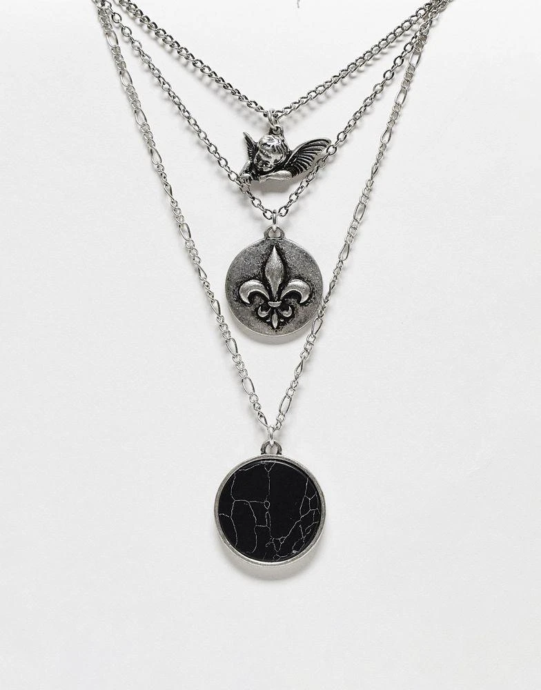 商品Reclaimed Vintage|Reclaimed Vintage unisex multirow necklace with cherub pendant in silver,价格¥140,第1张图片