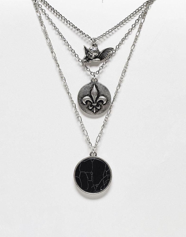商品Reclaimed Vintage|Reclaimed Vintage unisex multirow necklace with cherub pendant in silver,价格¥113,第1张图片