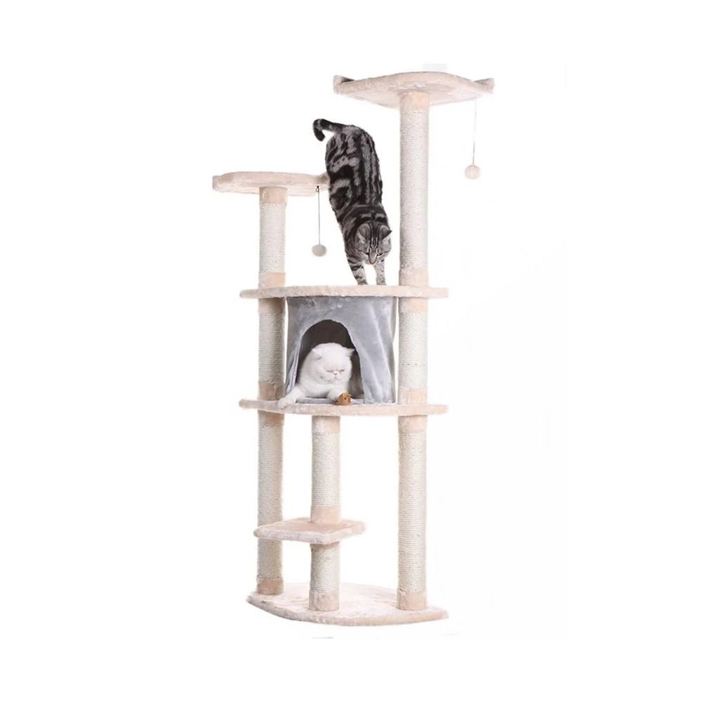 商品Macy's|64" Real Wood Cat Tree With Scratch Post, Soft-side Playhouse,价格¥1486,第1张图片