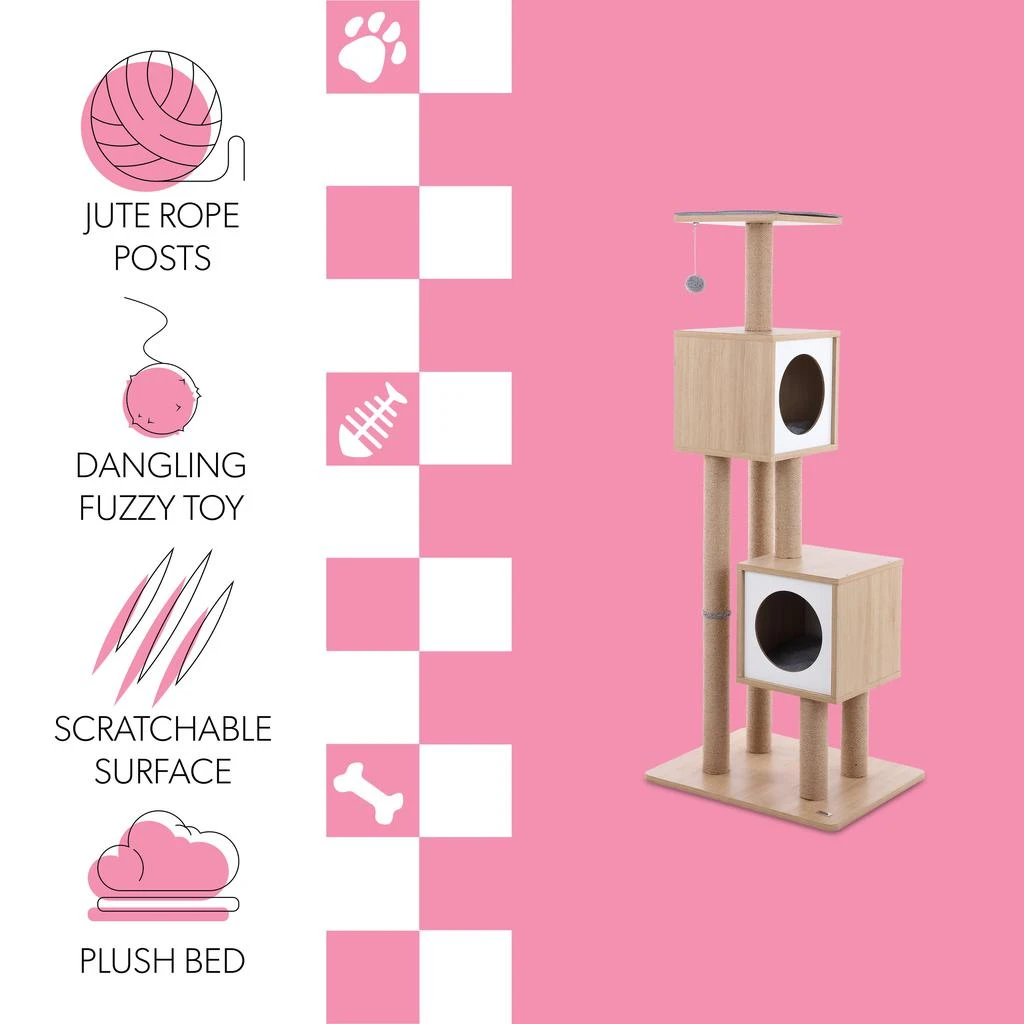 Sawyer 56" 3-Tier Minimalist Jute Cat Tree Condo with Scratching posts, and Fuzzy Toy, Brown/White 商品