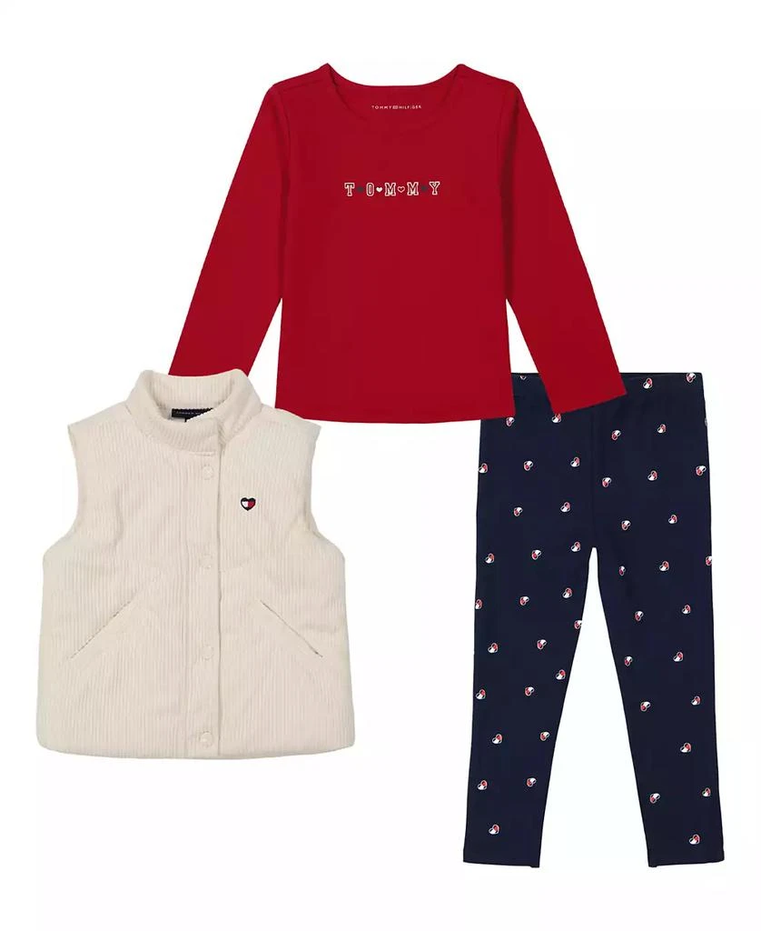 商品Tommy Hilfiger|Toddler and Little Girls Long Sleeve Logo Tee, Corduroy Vest and Printed Leggings, 3 Piece Set,价格¥268,第1张图片