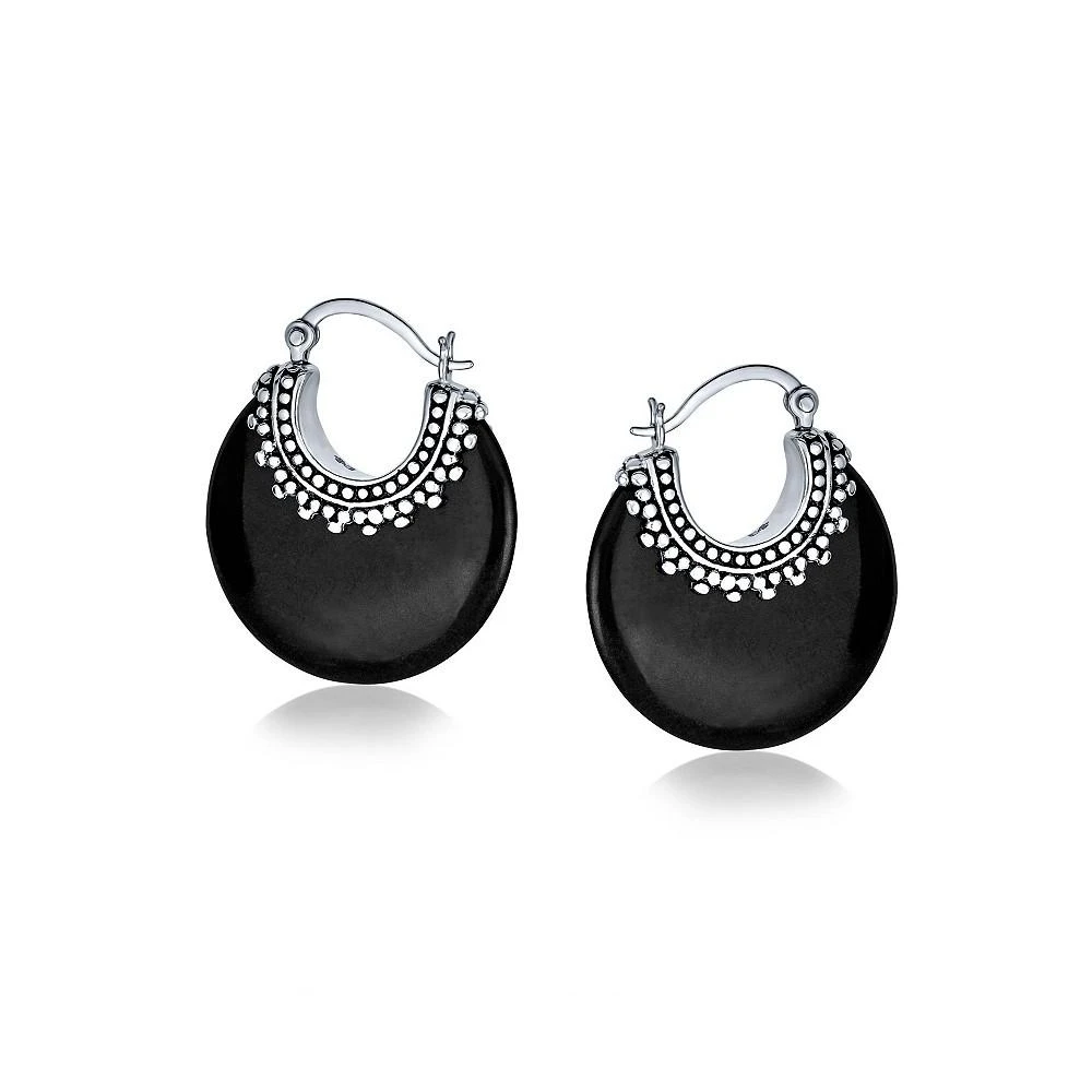 商品Bling Jewelry|Boho Western Style Tribal Genuine Black Onyx Round Half Crescent Hoop Earrings For Women Oxidized Milgrain Caviar Bead .925 Sterling Silver,价格¥374,第3张图片详细描述