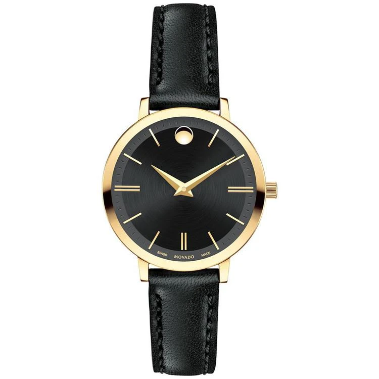 商品Movado|Women's Swiss Ultra Slim Black Leather Strap Watch 28mm 0607095,价格¥3499,第1张图片