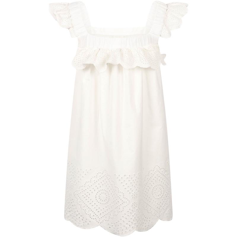 Ruffled and perforated cotton dress in white商品第2张图片规格展示