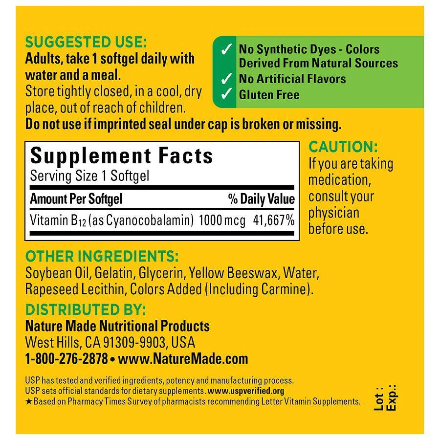商品Nature Made|Vitamin B12 1000 mcg Softgels,价格¥165,第4张图片详细描述