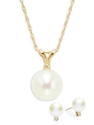 14K Yellow Gold, 7MM Freshwater Pearl & Diamond Pendant Necklace & Stud Earrings Set商品第1张图片规格展示