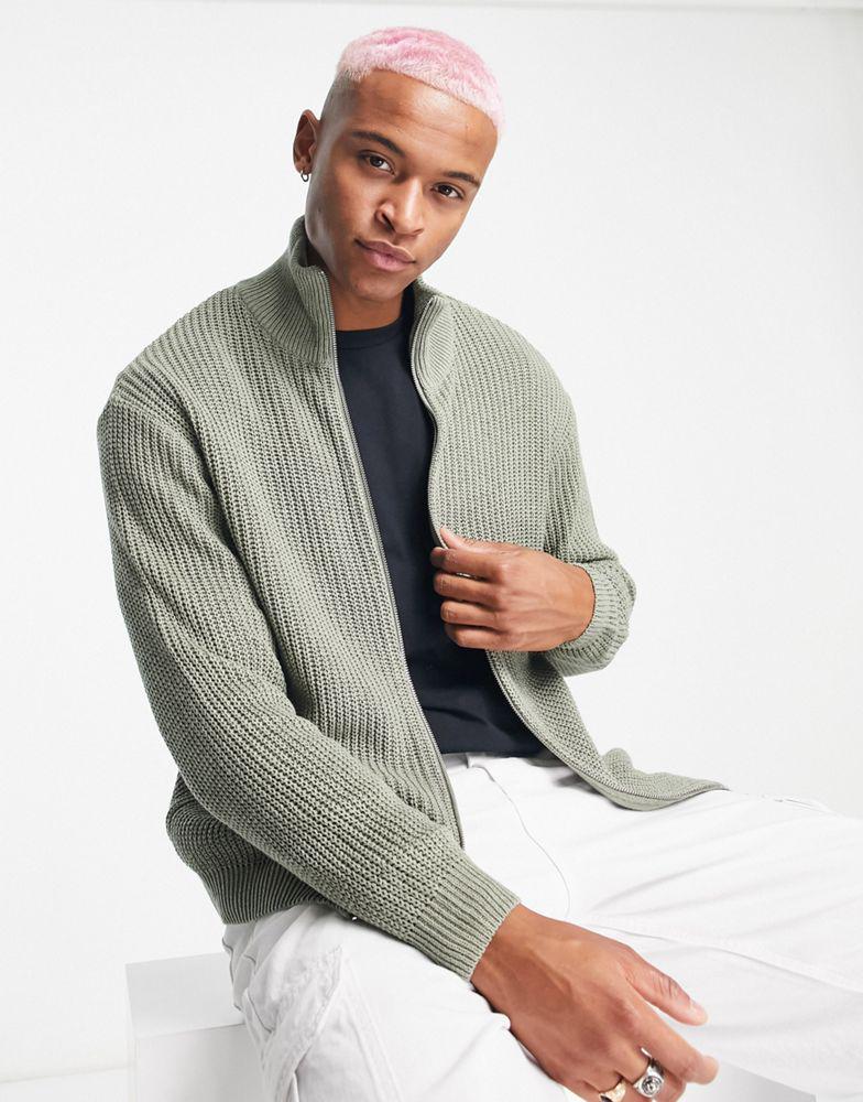 ASOS DESIGN knitted oversized fisherman rib zip through jumper in sage green商品第1张图片规格展示