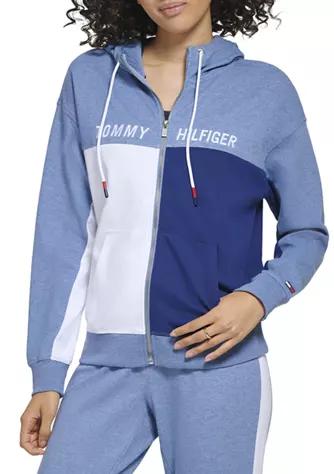 Women's Zip Front Color Block Hoodie with Embroidered Logo商品第1张图片规格展示