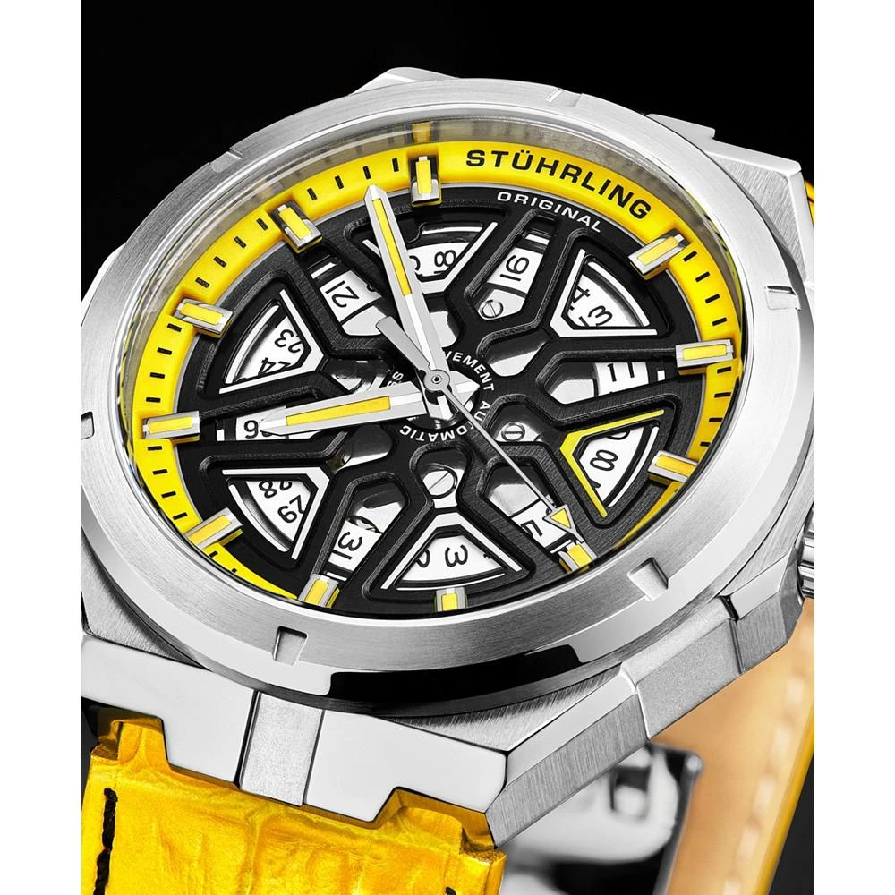 商品Stuhrling|Men's Automatic Black Alligator Embossed Genuine Leather Strap with Yellow Stitching Watch 44mm,价格¥3036,第4张图片详细描述