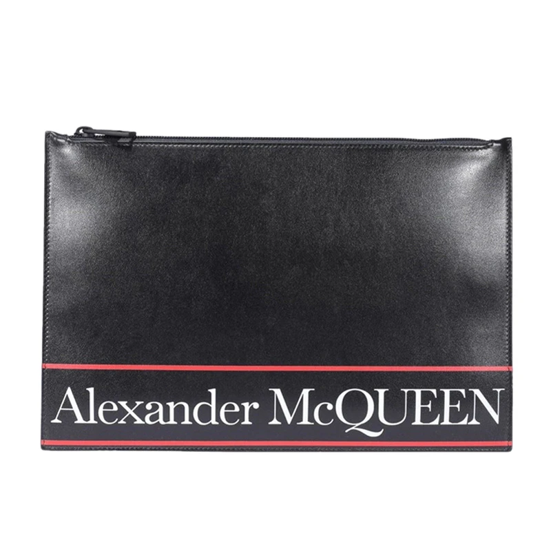 商品[国内直发] Alexander McQueen|Alexander McQueen 男士黑色白色字母logo小牛皮拉链手拿包 560472-1SJ6B-1092,价格¥2436,第1张图片
