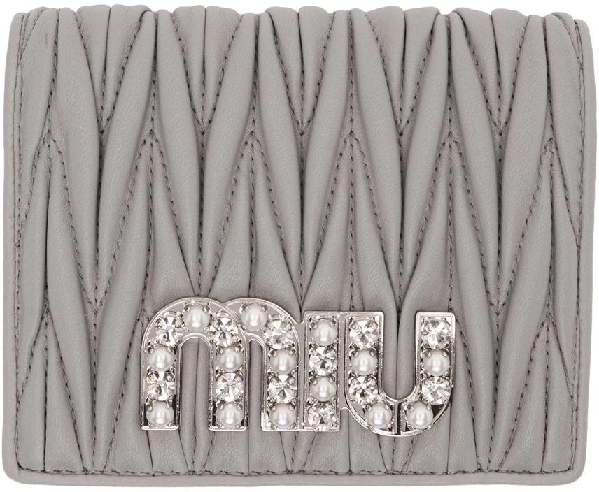 商品Miu Miu|Grey Quilted Crystal Logo Wallet,价格¥3353,第1张图片