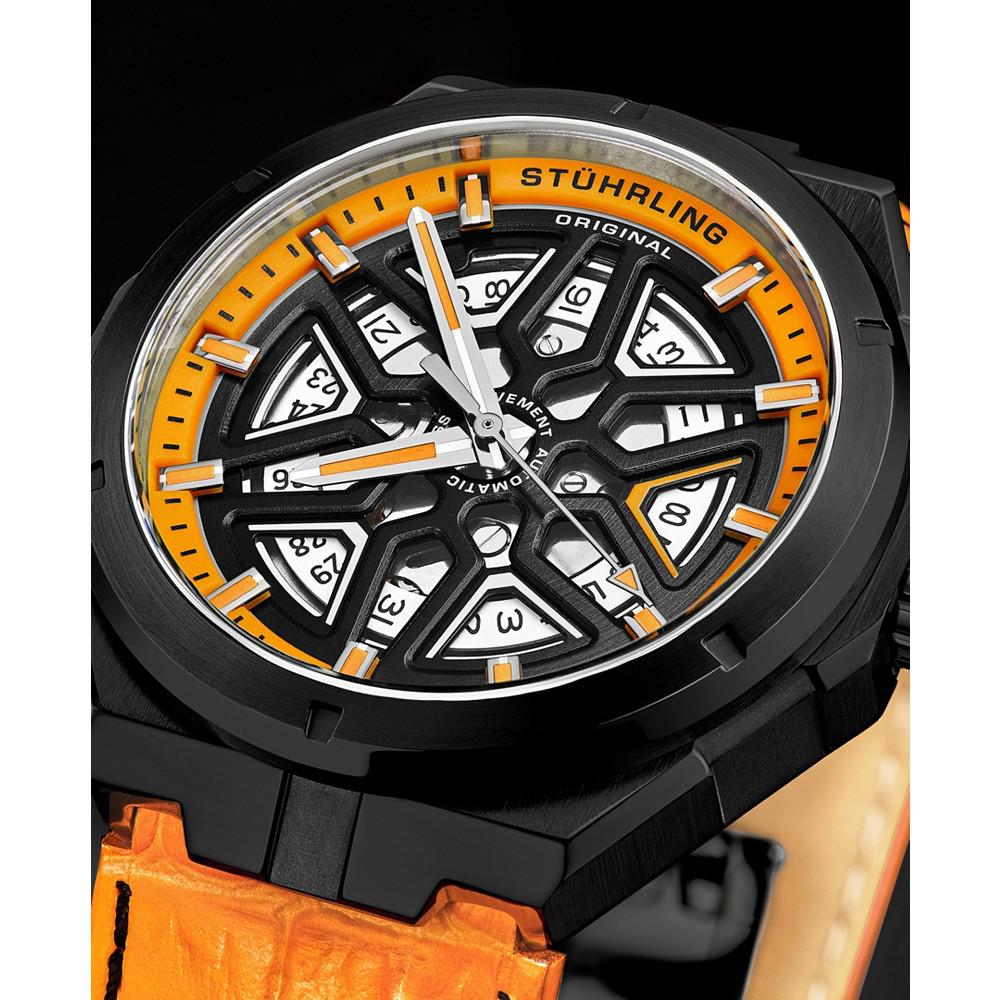 Men's Automatic Orange Alligator Embossed Genuine Leather Strap with Black Stitching Watch 44mm商品第6张图片规格展示
