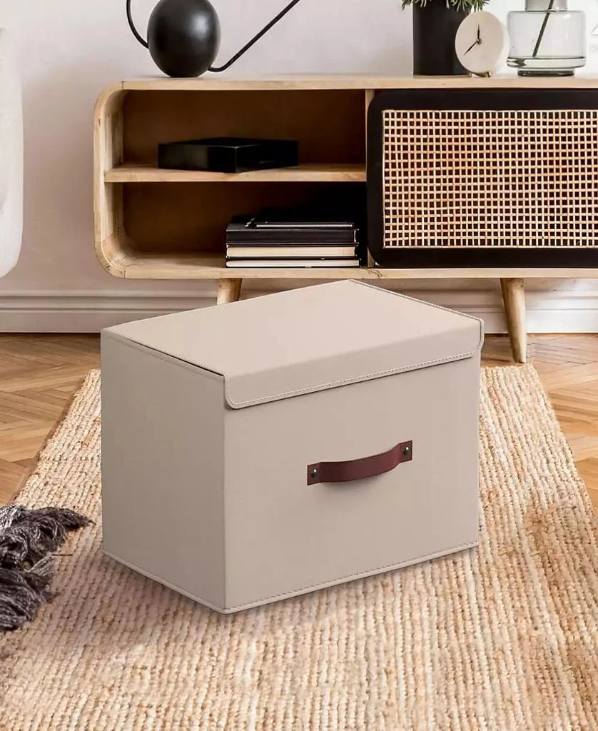 商品Ornavo Home|Foldable Linen XLarge Storage Bin with Leather Handles and Lid - Set of 3,价格¥229,第3张图片详细描述