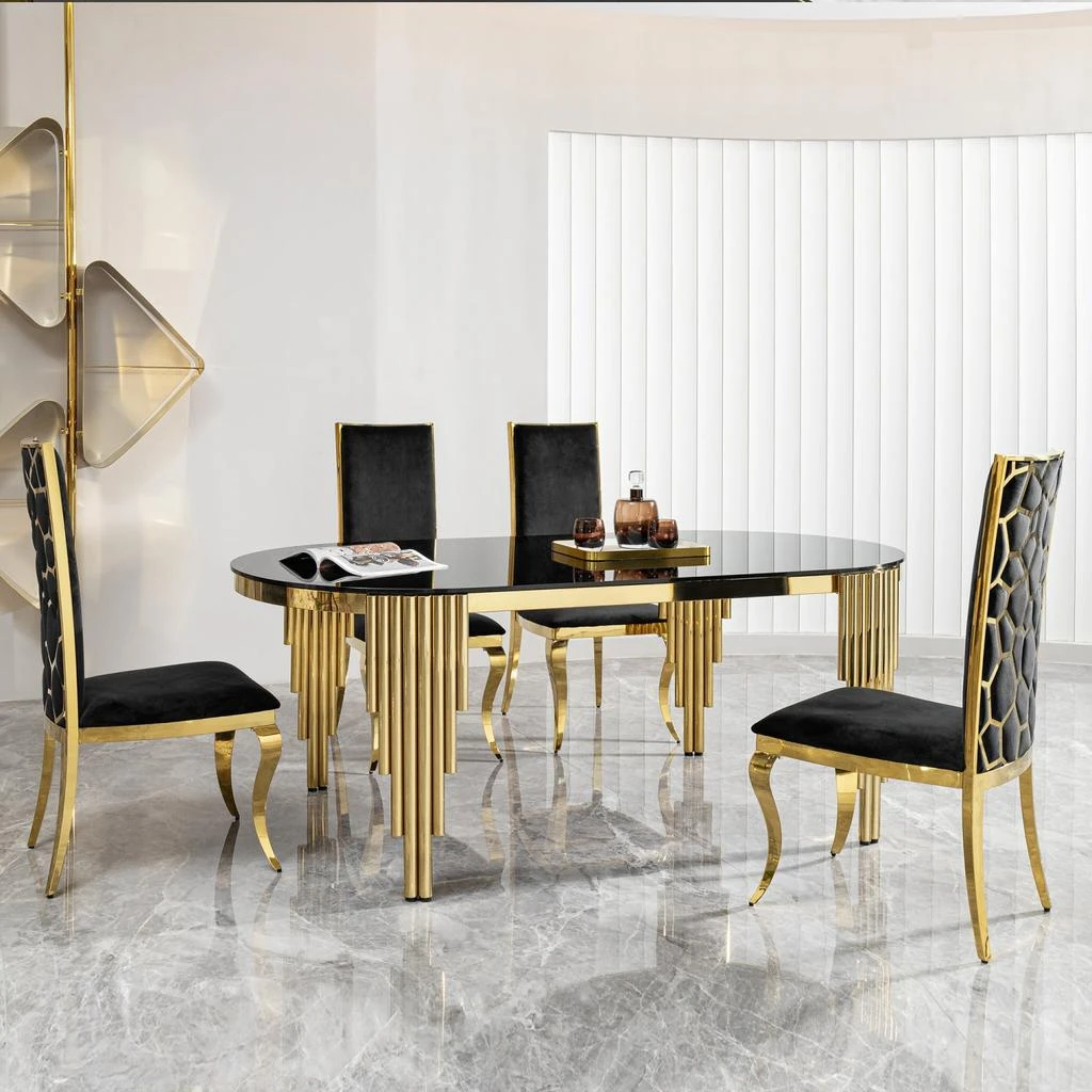 商品Streamdale Furniture|Streamdale Black Glass Top Oval Dining Table with Gold Base,价格¥8468,第2张图片详细描述