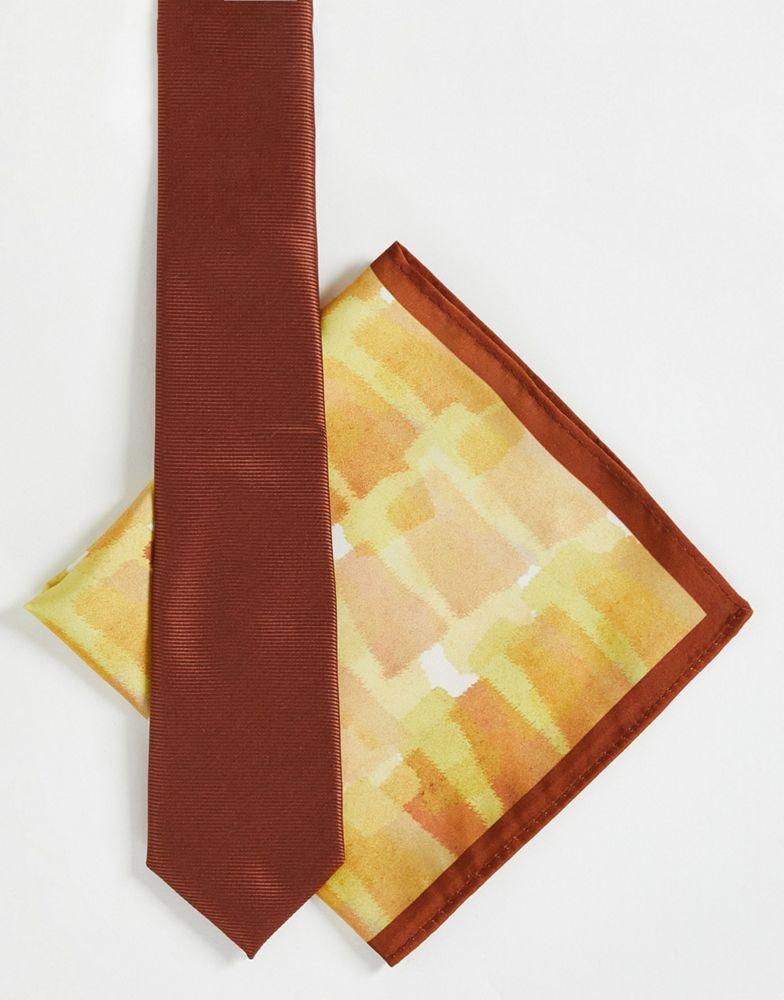 Noak slim tie in brown with abstract print pocket square and lining商品第1张图片规格展示