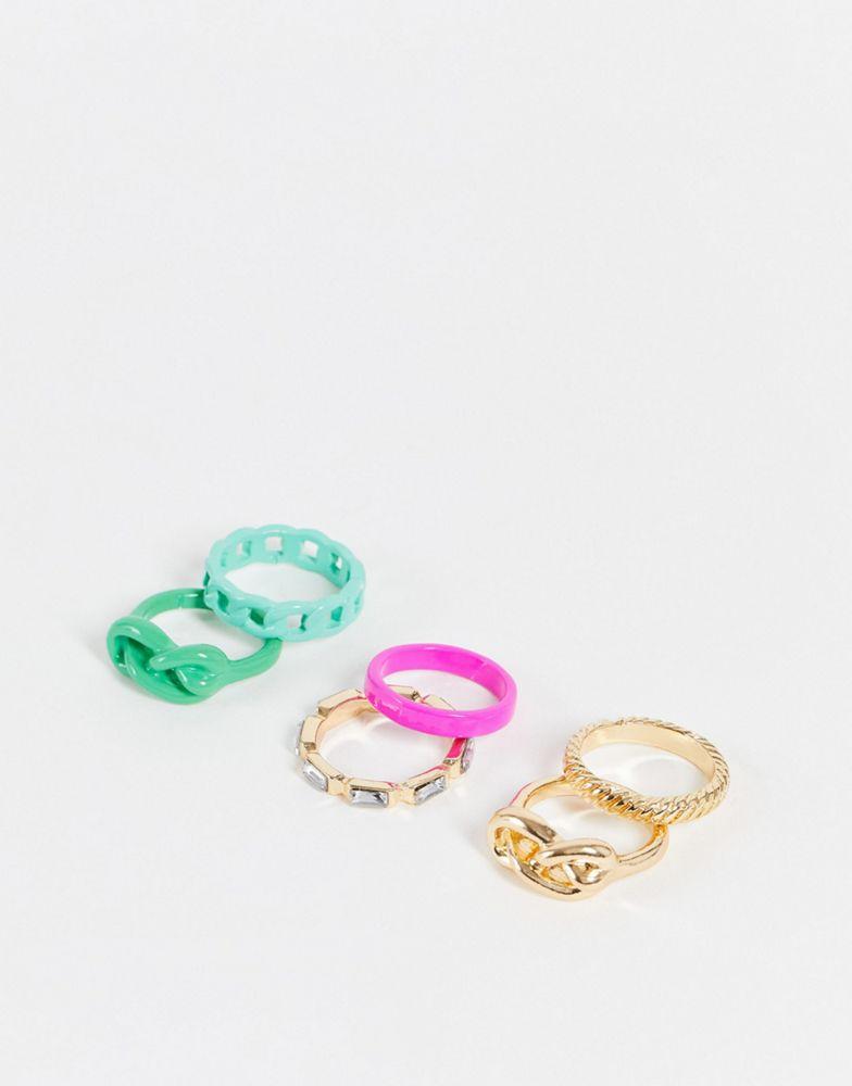 ASOS DESIGN pack of 6 rings in mixed colour enamel and gold tone商品第1张图片规格展示