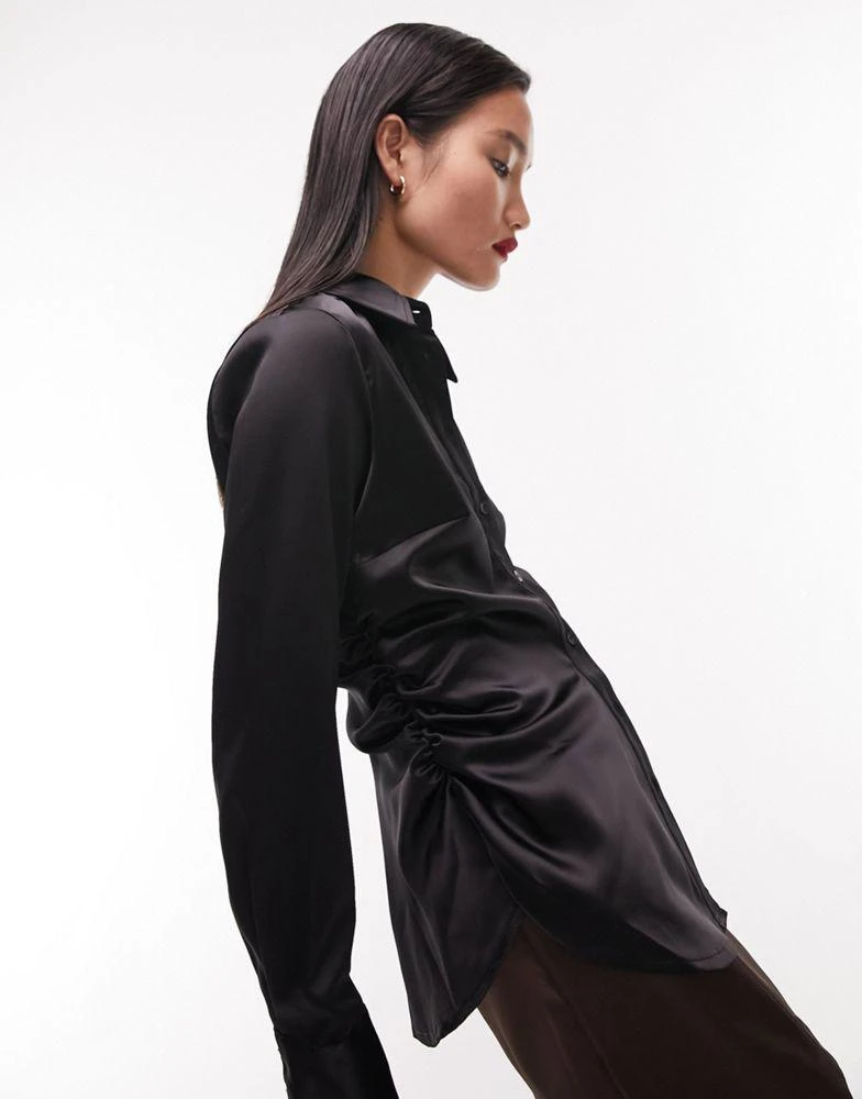 商品Topshop|Topshop premium ruched side slim satin shirt in black,价格¥266,第1张图片