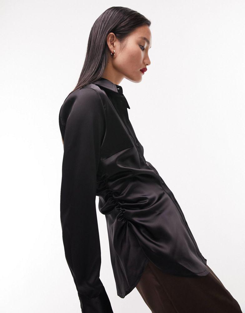 商品Topshop|Topshop premium ruched side slim satin shirt in black,价格¥375,第1张图片