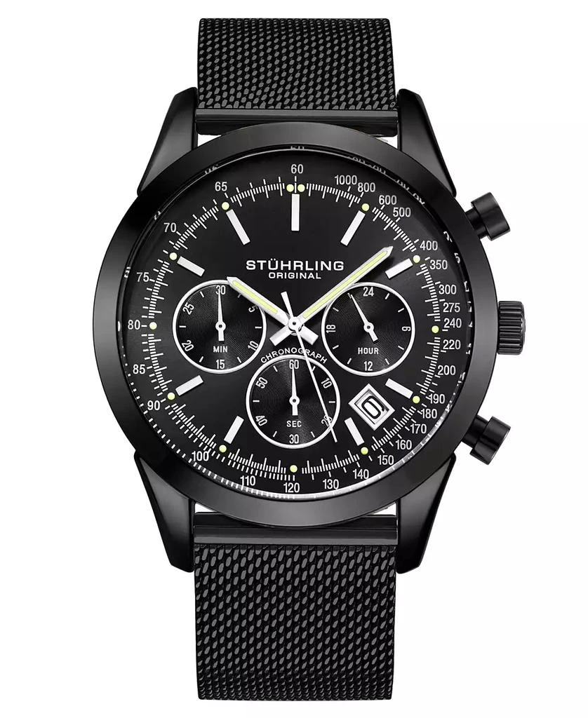 商品Stuhrling|Men's Quartz Chronograph Date Black Stainless Steel Mesh Bracelet Watch 44mm,价格¥572,第1张图片