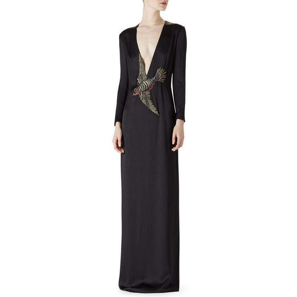 商品Gucci|Runway Crystal Bird Embellished Black Silk Gown,价格¥15155,第5张图片详细描述