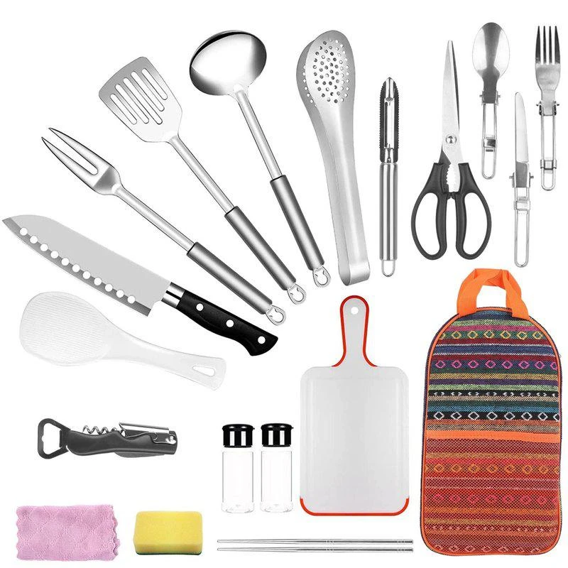 商品Fresh Fab Finds|19Pcs Camping Cookware Set Portable Outdoor Kitchen Gear With Bag: Utensils, Appliances & Equipment For Picnic, Campfire BBQ,价格¥482,第1张图片