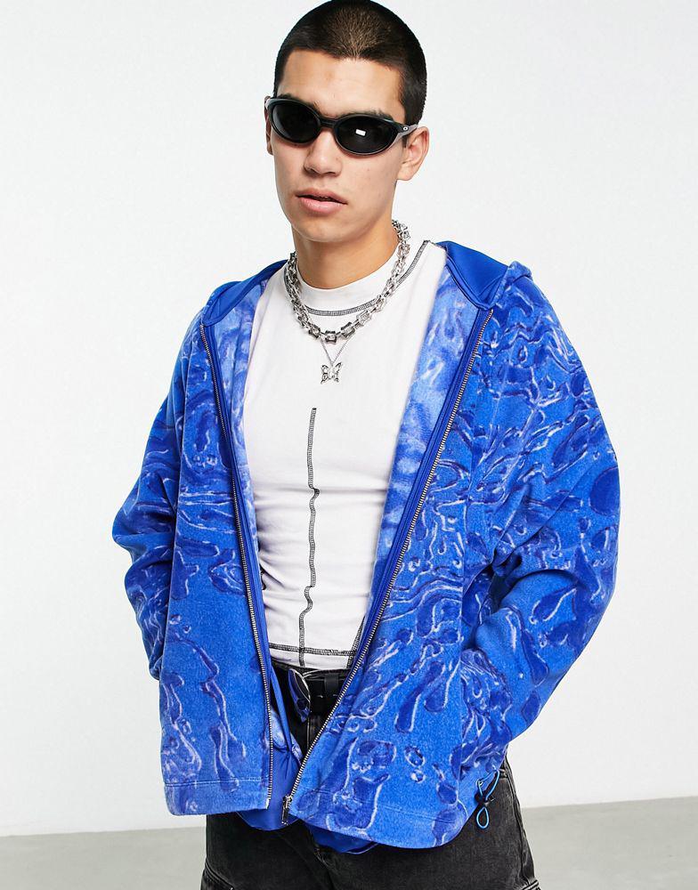 商品ASOS|ASOS DESIGN super oversized cropped fleece hoodie in blue with all over print,价格¥338,第1张图片
