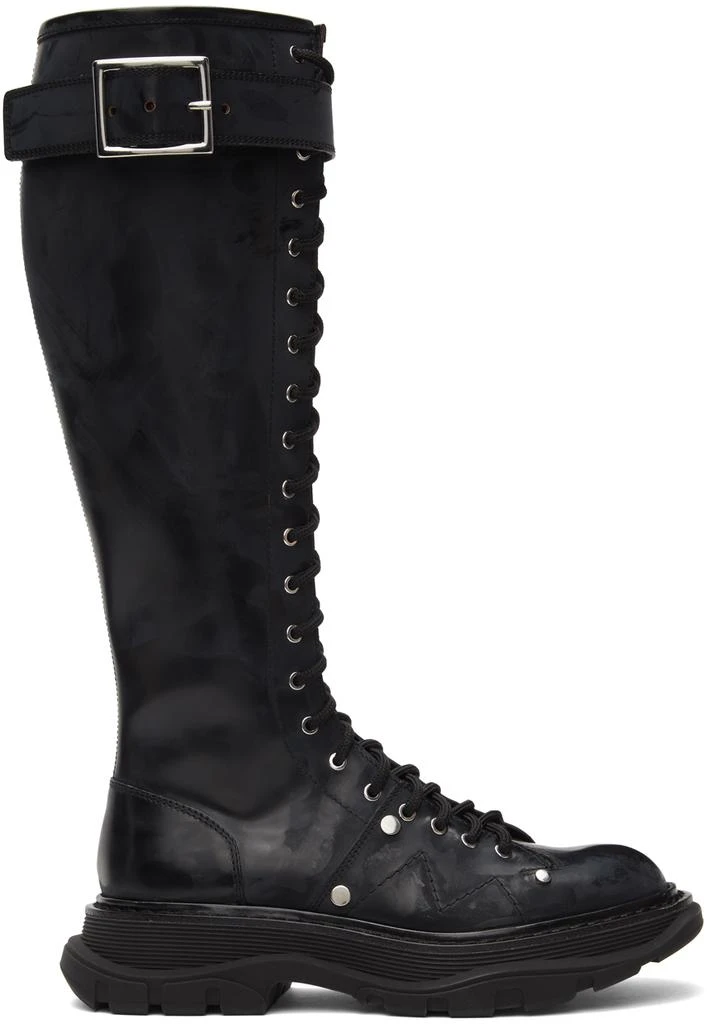 商品Alexander McQueen|Black Tread Lace-Up Tall Boots,价格¥5537,第1张图片