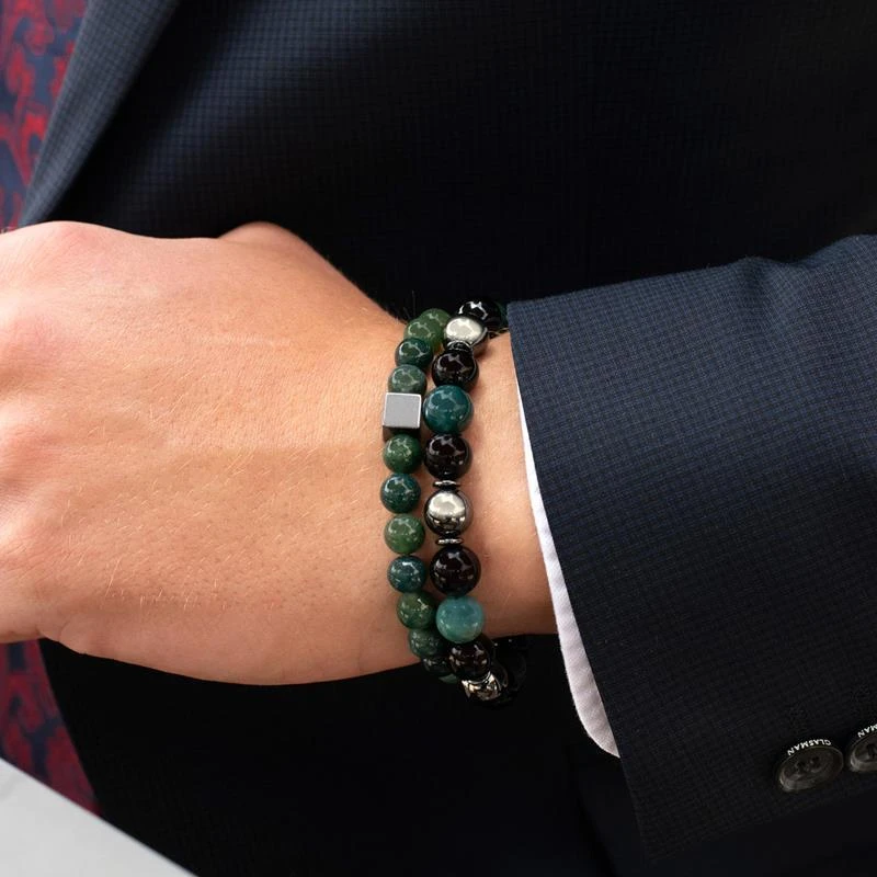 商品Crucible Jewelry|Crucible Los Angeles 10mm Bead Stretch Bracelet Featuring Moss Agate, Shiny Black Onyx and Magnetic Hematite,价格¥277,第2张图片详细描述