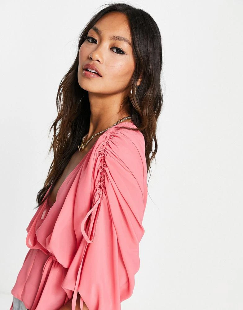 商品ASOS|ASOS DESIGN sheer ruched shoulder blouse with frill hem in pink,价格¥219,第3张图片详细描述