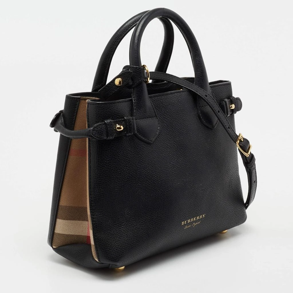 商品[二手商品] Burberry|Burberry Black/Beige Leather and House Check Fabric Small Banner Tote,价格¥4539,第3张图片详细描述