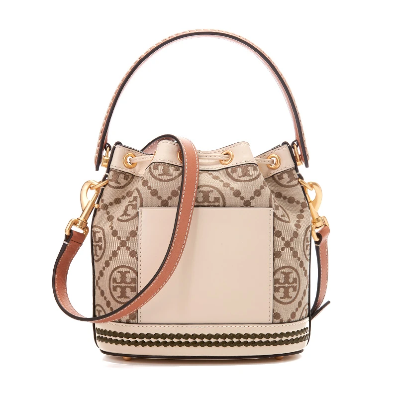TORY BURCH 汤丽柏琦 T Monogram 经典编织花卉老花满印 皮革 水桶包单肩包手提包 女款 榛子棕 商品