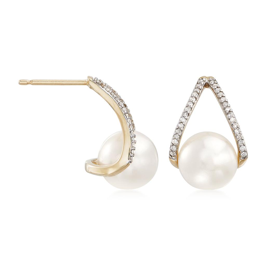 Ross-Simons 8-8.5mm Cultured Pearl and . Diamond Drop Earrings in 14kt Yellow Gold商品第3张图片规格展示