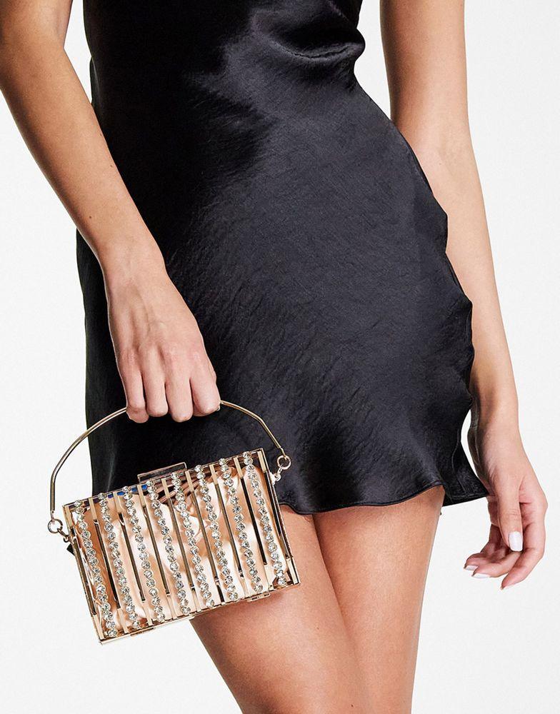 商品ASOS|ASOS DESIGN caged rectangular clutch bag with diamante embellishment in gold,价格¥352,第1张图片