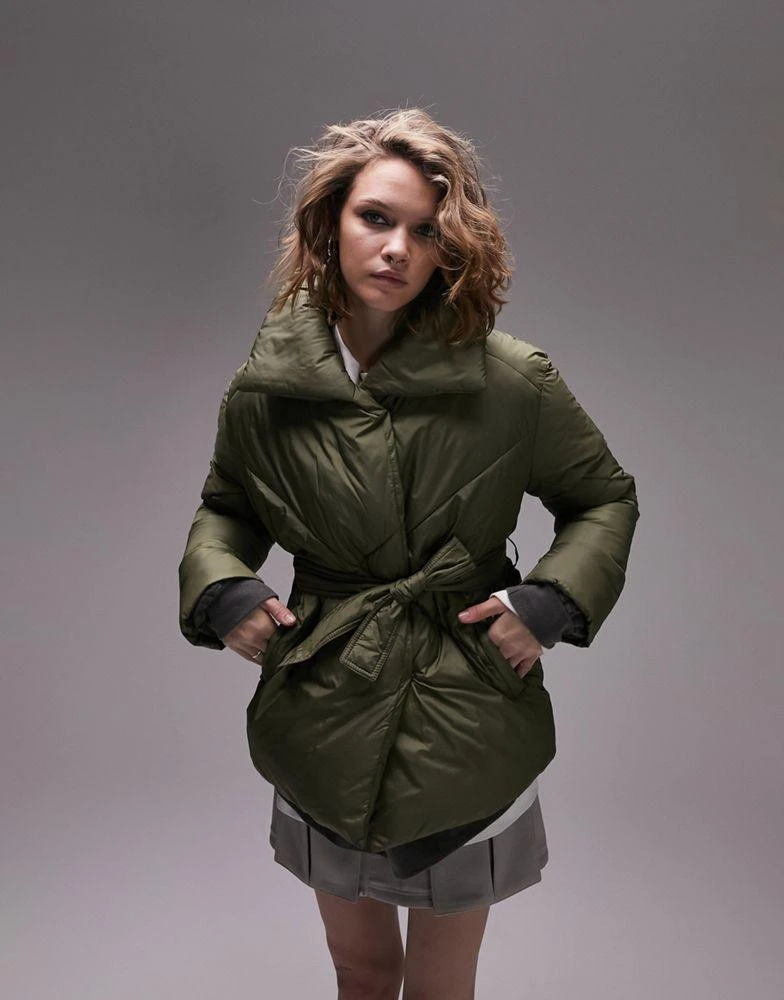 商品Topshop|Topshop mid length tie belted puffer jacket in forest green,价格¥391,第1张图片