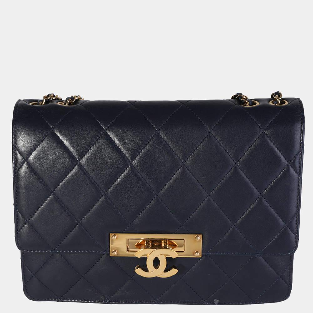 Chanel Navy Quilted Leather Lambskin Medium Golden Class Flap Shoulder Bag商品第1张图片规格展示