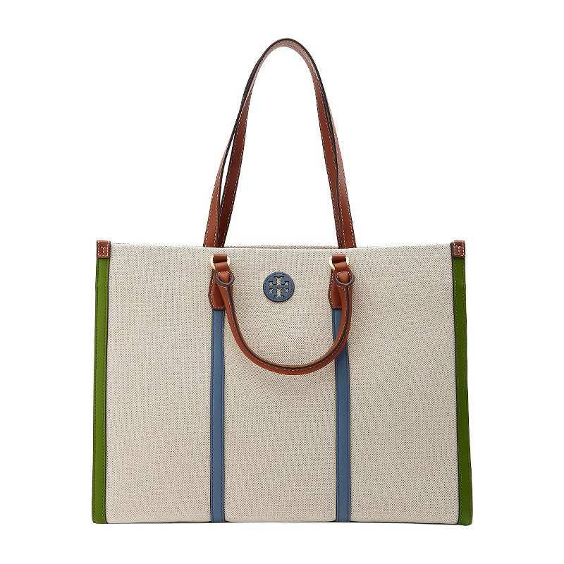 商品[国内直发] Tory Burch|托里·伯奇TORY BURCH  奢侈品TB女包米色多色帆布配皮手提单肩包大号购物袋旅行包大容量托特包 89525-263,价格¥3346,第1张图片