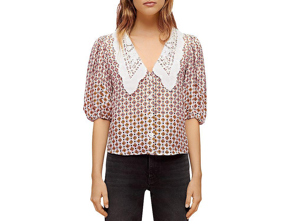 Cosange Embroidered Collar Printed Linen Shirt商品第1张图片规格展示