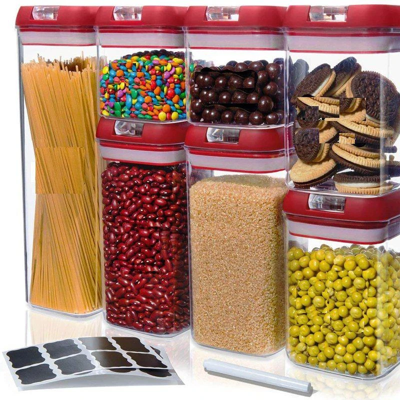 商品Cheer Collection|Set of 7 Airtight Food Storage Containers Heavy Duty Pantry Organizer Bins, BPA Free Plastic Containers plus Dry Erase Marker and Labels, Red,价格¥257,第1张图片