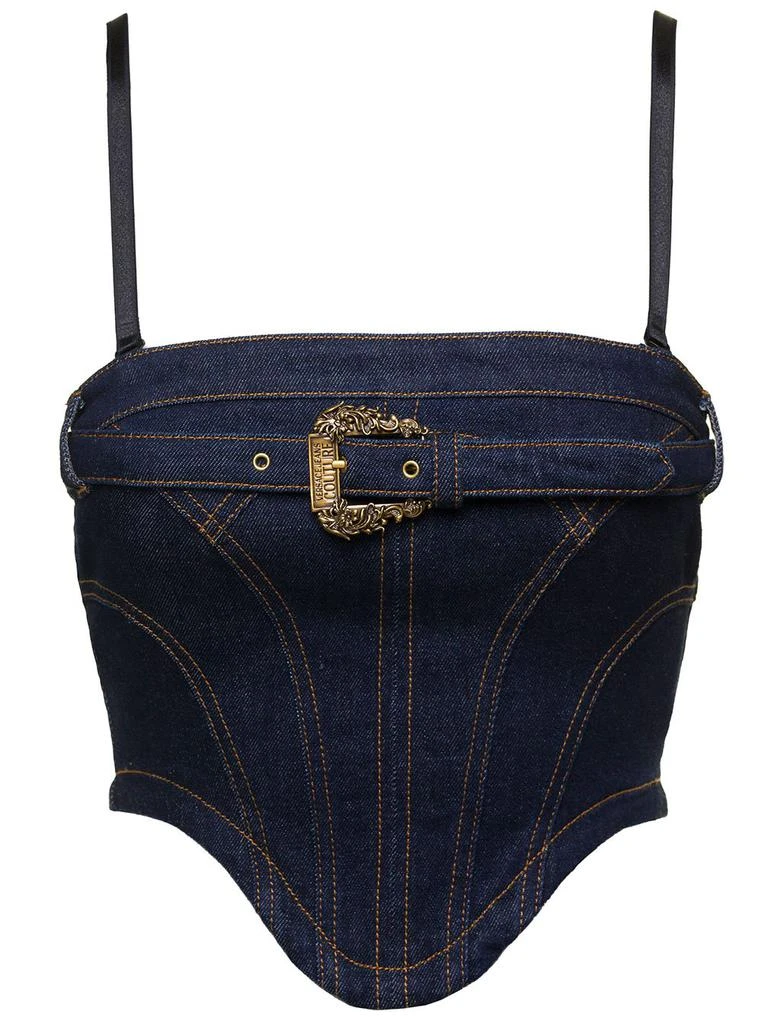 商品Versace|Versace Jeans Couture Baroque Buckled Denim Cropped Top,价格¥1241,第1张图片