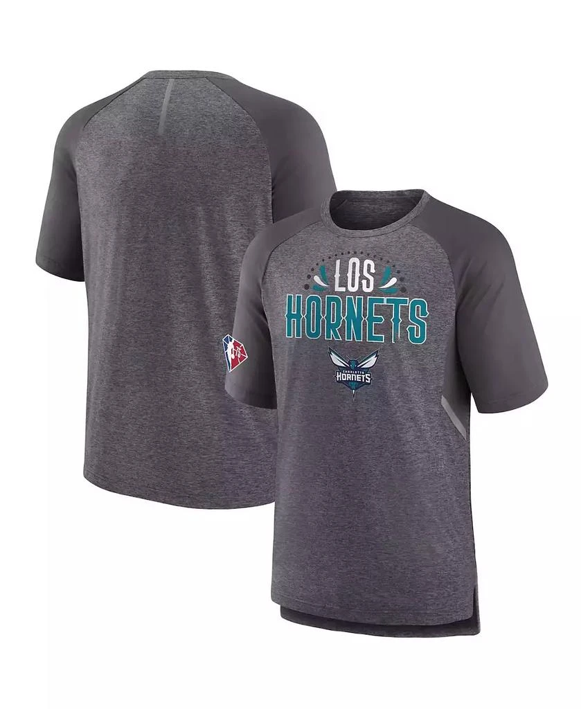 商品Fanatics|Men's Heathered Gray Charlotte Hornets 2022 Noches Ene-Be-A Core Shooting Raglan T-shirt,价格¥301,第1张图片