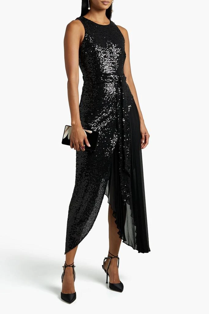 商品Badgley Mischka|Asymmetric crepe de chine-paneled sequined tulle midi dress,价格¥2686,第2张图片详细描述