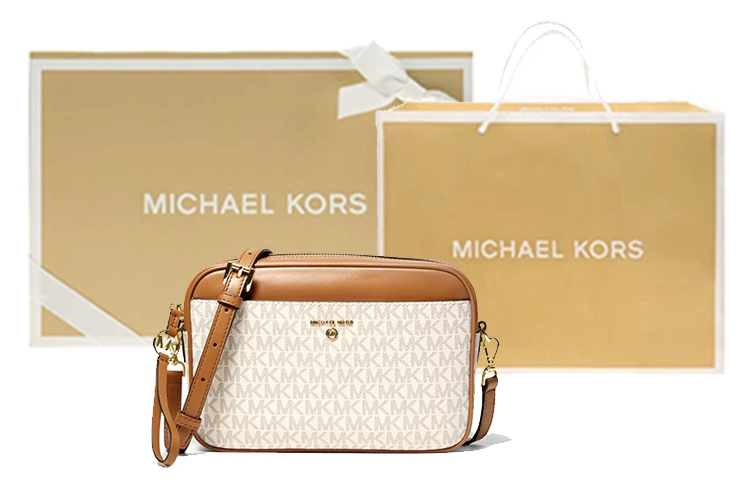 商品[国内直发] Michael Kors|迈克高仕 Jet Set Charm 经典老花拼色字母LOGO复古 织物 MK相机包斜挎包 大号 女款 白色拼橡果棕,价格¥931,第7张图片详细描述